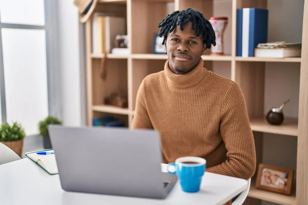 Young African Man Dreadlocks Working Using Computer Laptop Depressed Worry — Stock fotografie