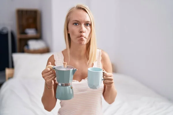 Young Caucasian Woman Drinking Coffee Bed Making Fish Face Mouth — Stock Photo, Image