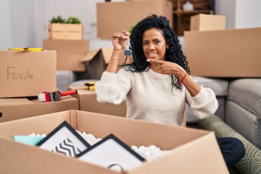 Middle age hispanic woman holding keys of new home smiling happy pointing with hand and finger 