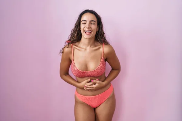 Young Hispanic Woman Wearing Lingerie Pink Background Smiling Laughing Hard — Foto Stock
