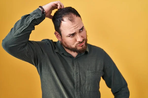 Size Hispanic Man Beard Standing Yellow Background Confuse Wondering Question — Stockfoto