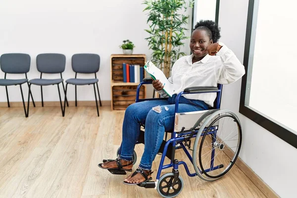 Young Black Woman Sitting Wheelchair Waiting Room Smiling Cheerful Showing — Photo