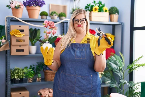 Caucasian Size Woman Working Florist Shop Skeptic Nervous Frowning Upset — Stok Foto