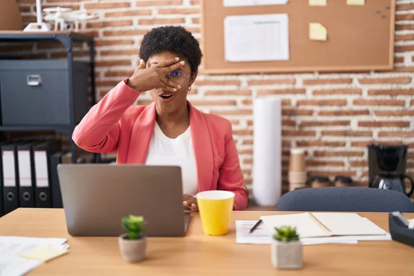 Young African American Woman Working Office Wearing Glasses Peeking Shock — Foto Stock