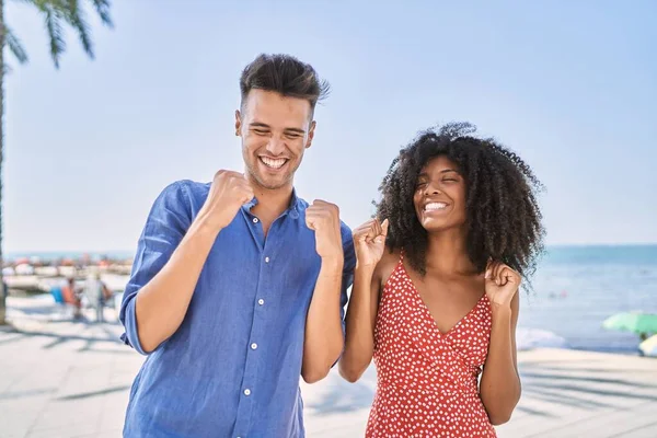 Young Interracial Couple Outdoors Sunny Day Very Happy Excited Doing — Stock Photo, Image
