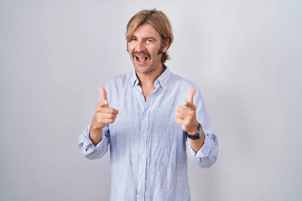 Caucasian Man Mustache Standing White Background Pointing Fingers Camera Happy — Stockfoto