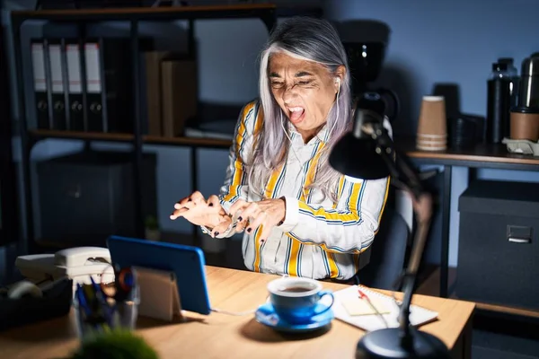 Middle Age Woman Grey Hair Working Office Night Disgusted Expression — Stock Photo, Image