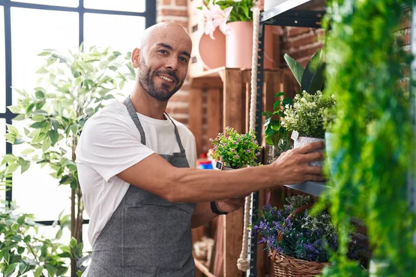 Young Bald Man Florist Holding Plant Shelving Florist —  Fotos de Stock