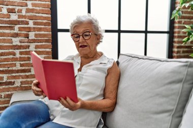 Yaşlı, kır saçlı, kitap okuyan kadın evdeki kanepede oturuyor.