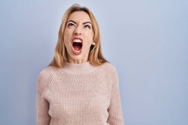 Mavi arka planda öfkeli ve kızgın bir şekilde öfkeli sinirli sinirli bağıran öfkeyle bağıran İspanyol kadın. öfke ve agresif konsept. 