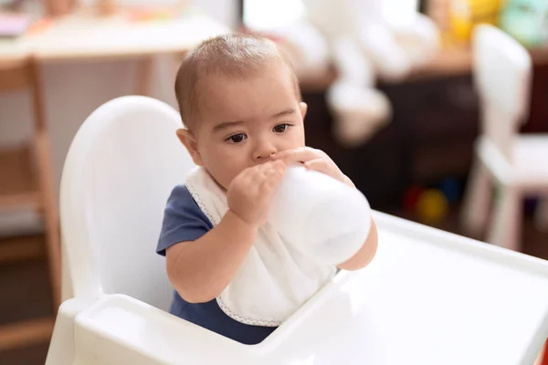Adorable Chinese Toddler Drinking Water Sitting Dinner Chair Baby Home — Stock Photo, Image