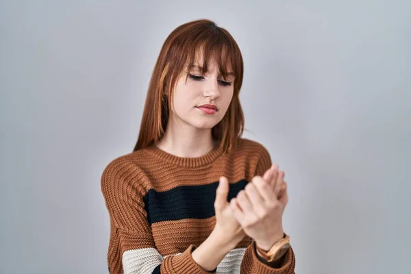 Young Beautiful Woman Wearing Striped Sweater Isolated Background Suffering Pain — Stok fotoğraf