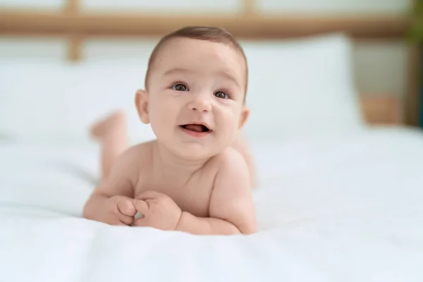 Adorable Toddler Smiling Confident Lying Bed Bedroom — ストック写真