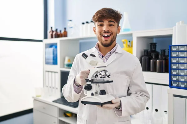 Arab Man Beard Working Scientist Laboratory Holding Microscope Smiling Laughing — ストック写真