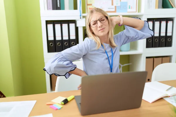 Young Blonde Woman Business Worker Suffering Backache Working Office — Stock fotografie