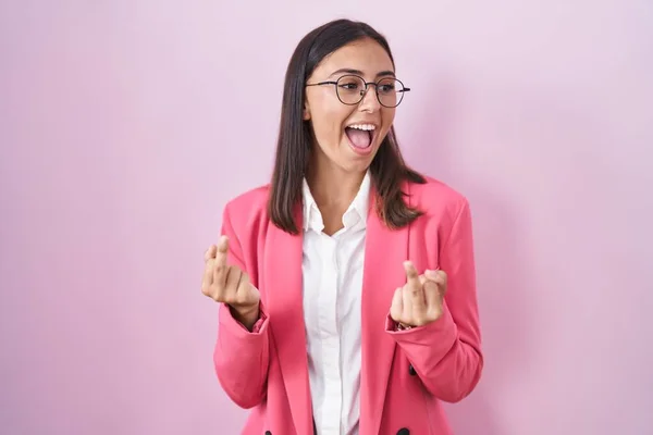 Young Hispanic Woman Wearing Business Clothes Glasses Showing Middle Finger — 图库照片