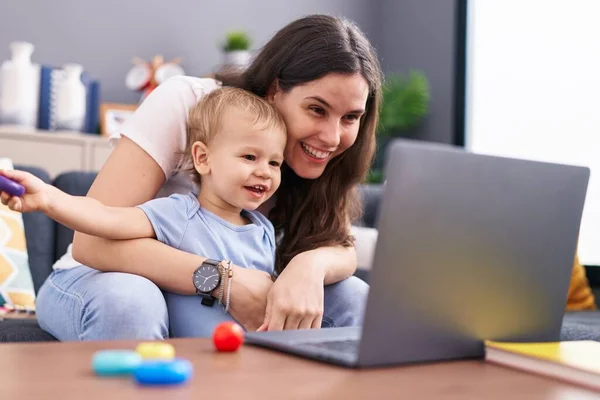 Mother Son Having Video Call Sitting Sofa Home — Stock Photo, Image
