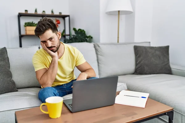 Young Man Beard Using Laptop Home Thinking Looking Tired Bored — Fotografia de Stock