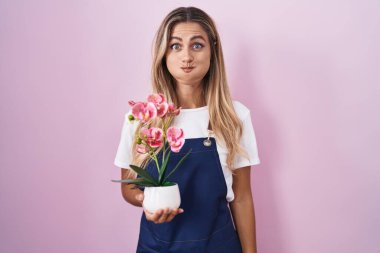 Young blonde woman wearing gardener apron holding plant puffing cheeks with funny face. mouth inflated with air, crazy expression. 