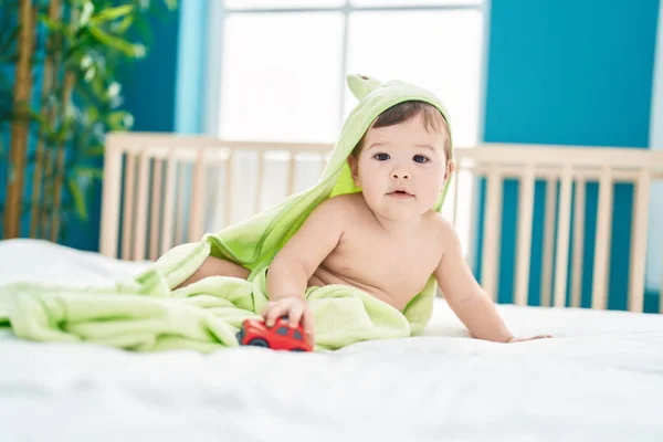 Adorable Caucasian Baby Wearing Funny Towel Playing Car Bedroom — Stock Photo, Image