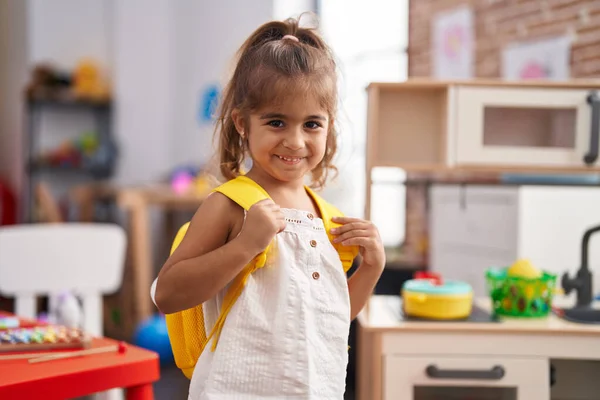 Adorable Hispanic Girl Student Smiling Confident Wearing Backpack Kindergarten — Stock Photo, Image