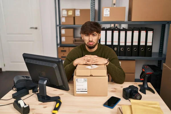 Arab Man Beard Working Small Business Ecommerce Depressed Worry Distress — Foto Stock