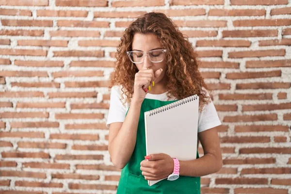 Young Caucasian Woman Holding Art Notebook Feeling Unwell Coughing Symptom — Stockfoto