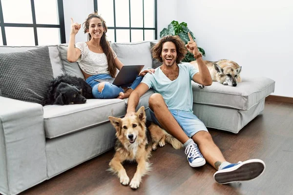 Jovem Casal Hispânico Com Cães Relaxantes Casa Sorrindo Espantado Surpreso — Fotografia de Stock