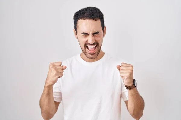 Handsome Hispanic Man Standing White Background Excited Success Arms Raised — Stock Photo, Image