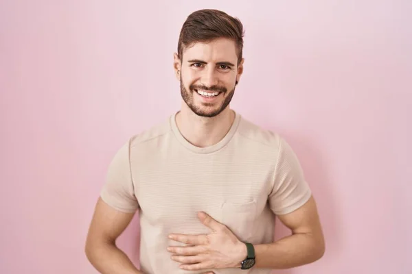 Hispanic Man Beard Standing Pink Background Smiling Laughing Hard Out — Stockfoto