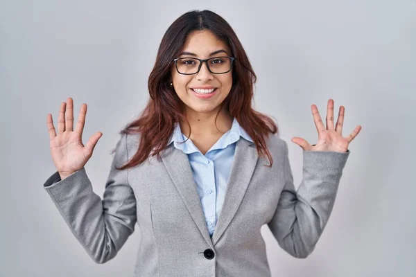 Hispanic Young Business Woman Wearing Glasses Showing Pointing Fingers Number — Stock Photo, Image