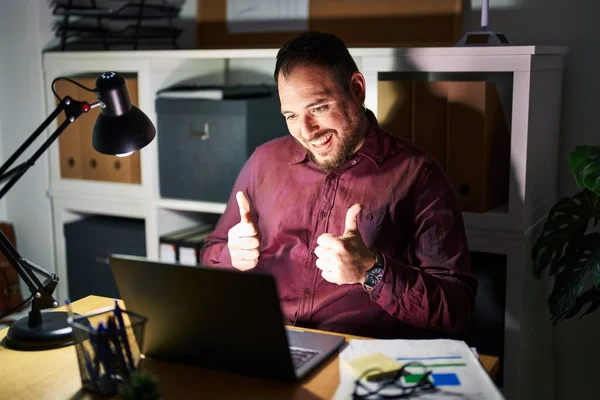 Size Hispanic Man Beard Working Office Night Success Sign Doing — Foto de Stock