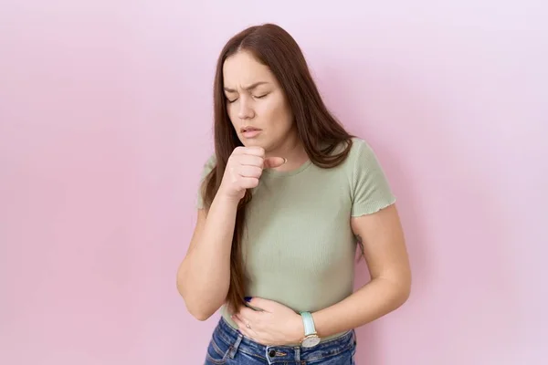 Beautiful Brunette Woman Standing Pink Background Feeling Unwell Coughing Symptom — Stockfoto