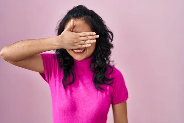 Young Asian Woman Standing Pink Background Smiling Laughing Hand Face —  Fotos de Stock