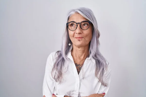 Middle Age Woman Tattoos Wearing Glasses Standing White Background Smiling —  Fotos de Stock