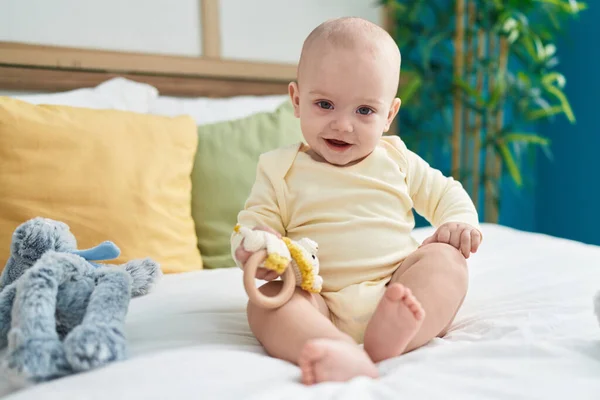 Adorable Caucasian Baby Holding Toy Sitting Bed Bedroom — Stock Photo, Image