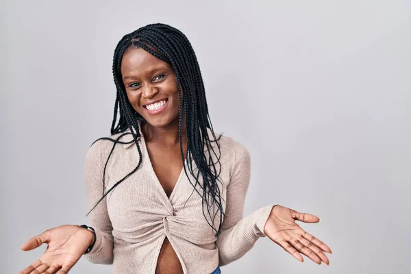 African Woman Braids Standing White Background Smiling Cheerful Open Arms — Stockfoto