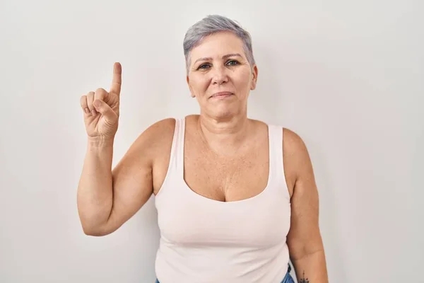 Middle Age Caucasian Woman Standing White Background Showing Pointing Finger — Stock Photo, Image