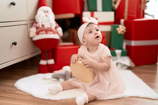 Adorable Toddler Playing Tambourine Sitting Floor Christmas Gift Home — Stock Photo, Image