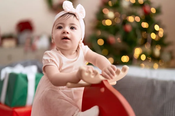 Adorable Toddler Playing Rocking Reindeer Christmas Tree Home — Stock Photo, Image