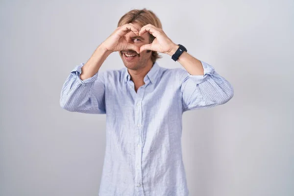 Caucasian Man Mustache Standing White Background Doing Heart Shape Hand — Stock fotografie