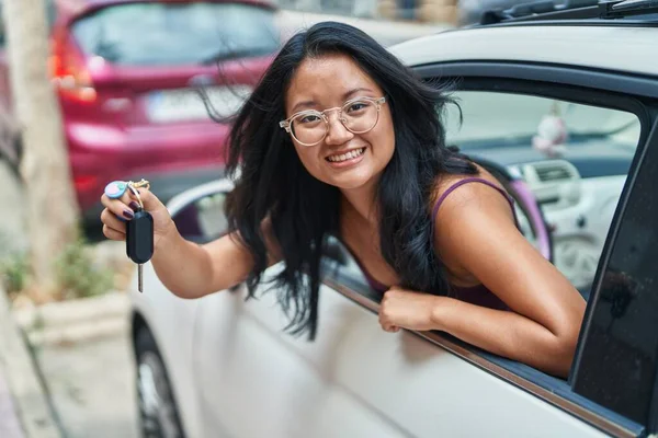 Young Chinese Woman Smiling Confident Holding Key New Car Street — 스톡 사진