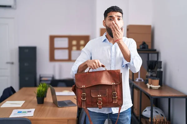 Hispanic Man Beard Working Office Holding Briefcase Covering Mouth Hand — Stock Photo, Image