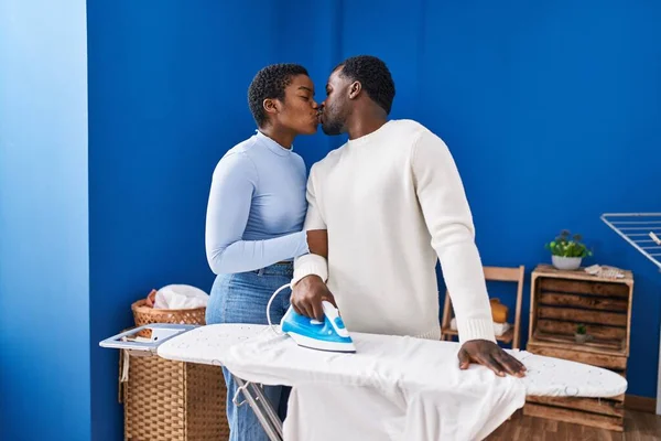 Man Woman Couple Ironing Clothes Kissing Laundry Room — Photo