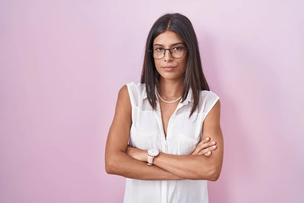 Brunette Young Woman Standing Pink Background Wearing Glasses Skeptic Nervous — Stockfoto