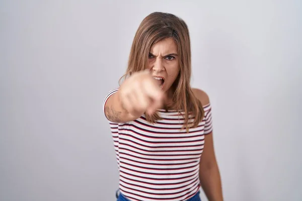 Jeune Femme Hispanique Debout Sur Fond Isolé Pointant Mécontent Frustré — Photo