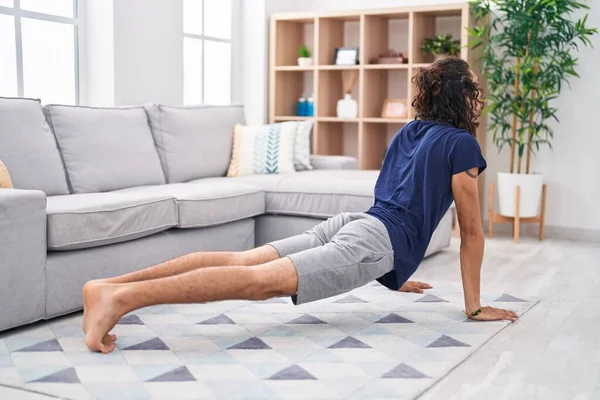 Young Hispanic Man Doing Yoga Exercise Home — Stock Photo, Image