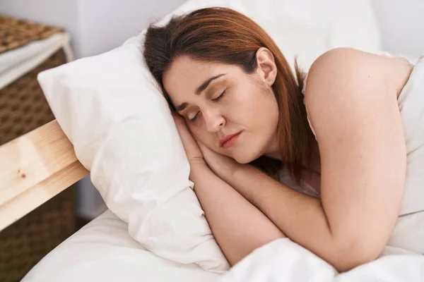 Young Woman Lying Bed Sleeping Bedroom — Stok fotoğraf