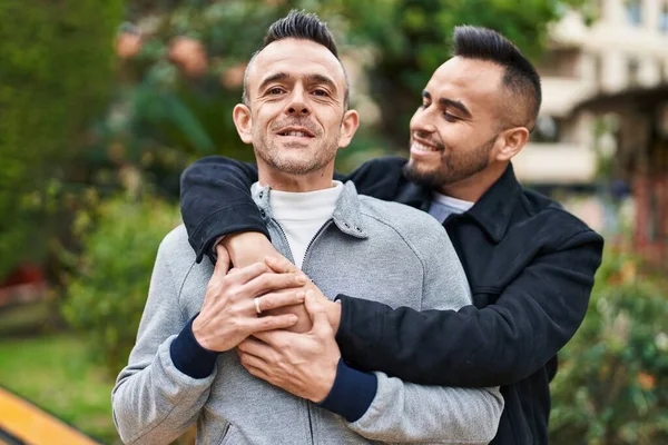 Two Men Couple Smiling Confident Hugging Each Other Park —  Fotos de Stock