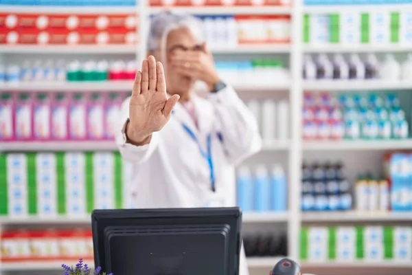Middle Age Woman Tattoos Working Pharmacy Drugstore Covering Eyes Hands — Fotografia de Stock